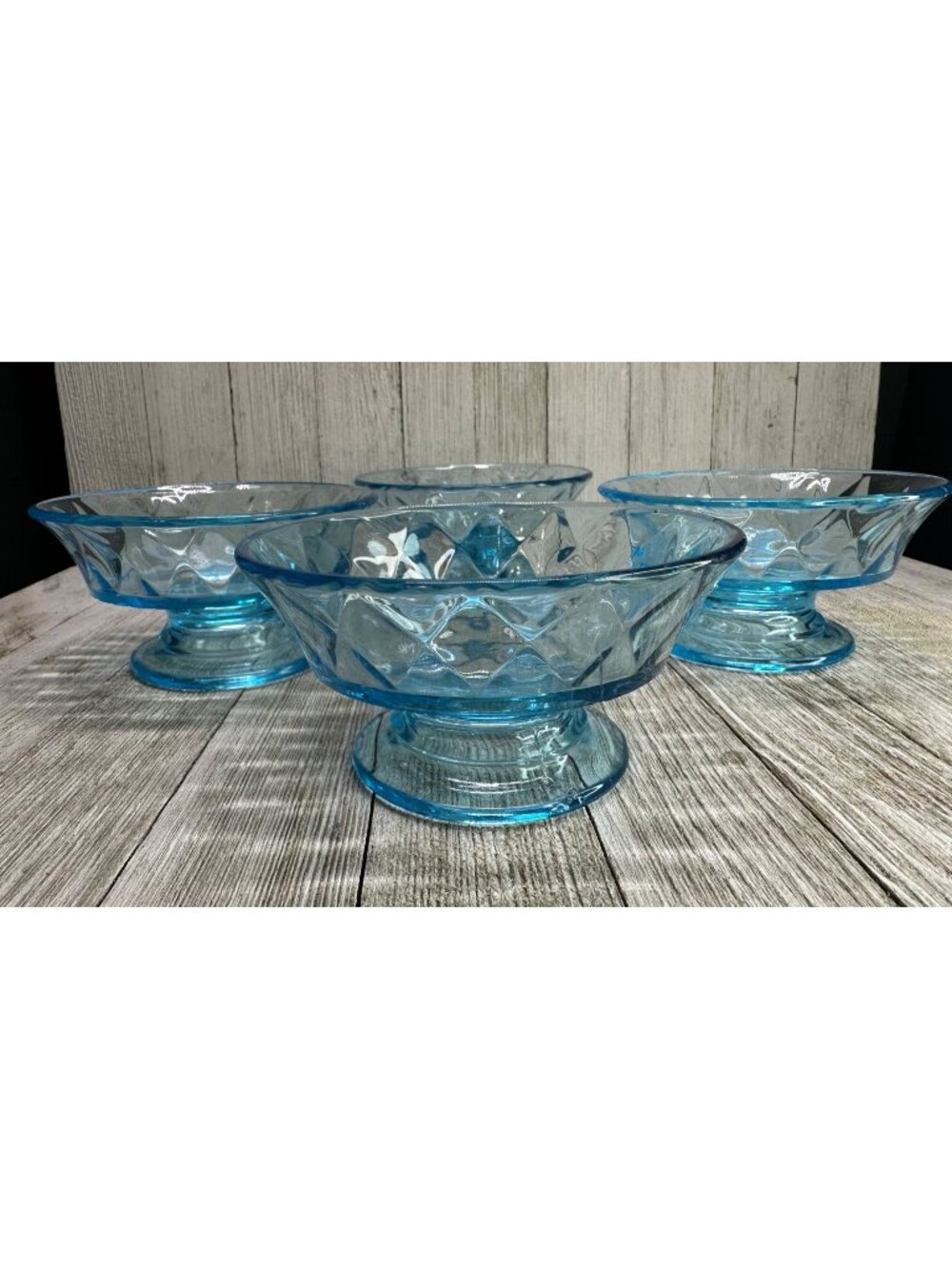 Vtg Pedestal Dessert Bowls 4.5" DIA Bryce Style Diamond Pattern Aqua Blue Set 4